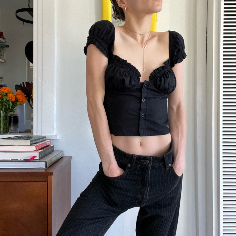 [SOLD] With Jean Black Remi Top w Button Up Detail, Ruched Chest and Cap Sleeves